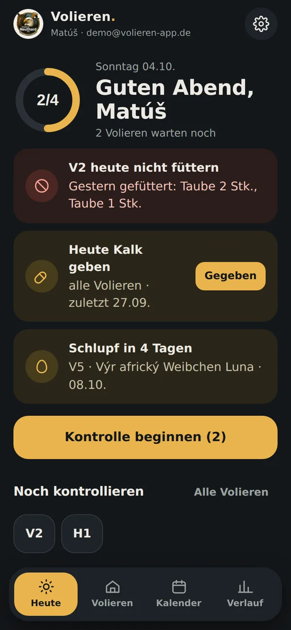 Startseite: 2 von 4 Volieren kontrolliert, Hinweise zu Fütterung, Kalk und Schlupf