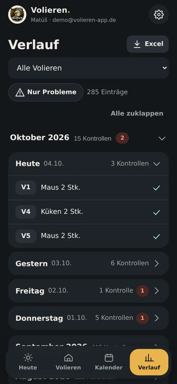 Verlauf der Kontrollen mit Excel-Export